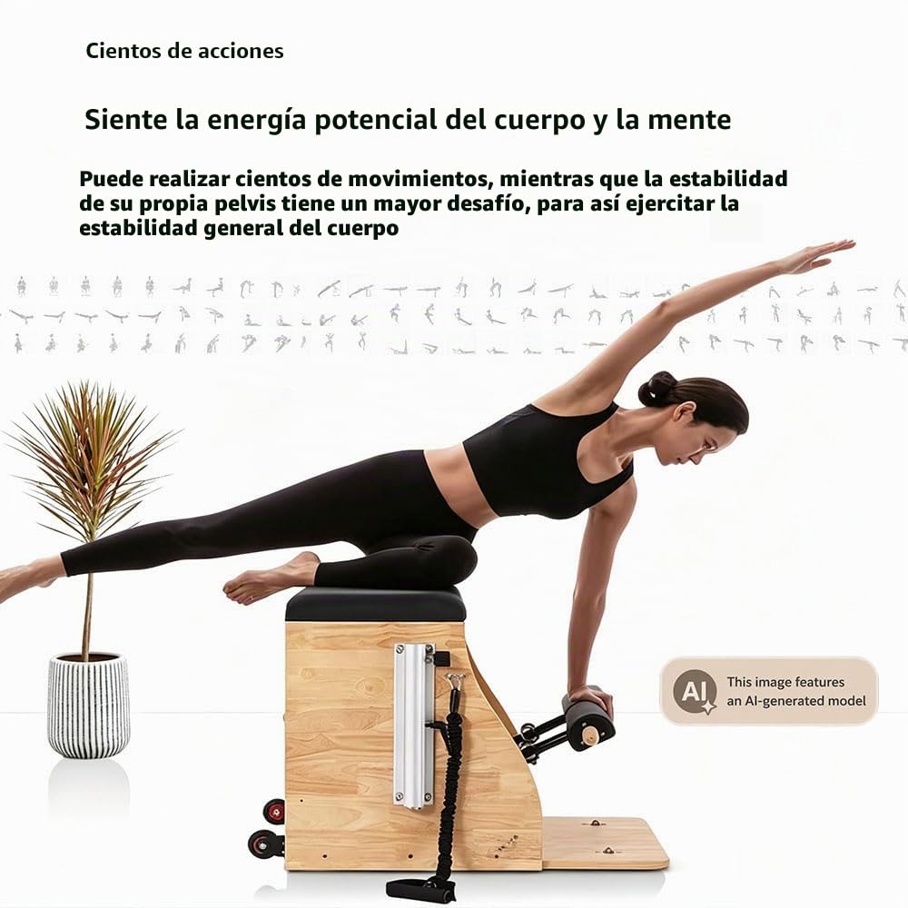 Pilates Chair, Silla de estabilidad Pilates con pedales divididos, entrenador físico combinado, máquina Pilates Reformer, con bandas de resistencia, asas y pedales divididos, madera de roble duradera.
