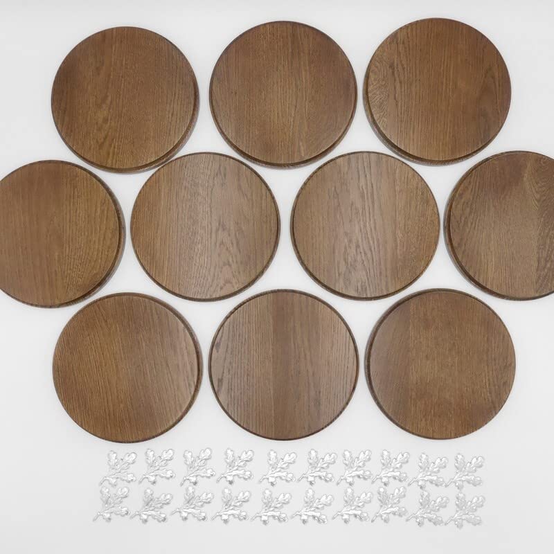 Generisch 10 placas de cuña redondas marrón AF 19 cm con 20 hojas de aluminio de roble, tablas de cuña, tabla de especias, cartel trofeo.