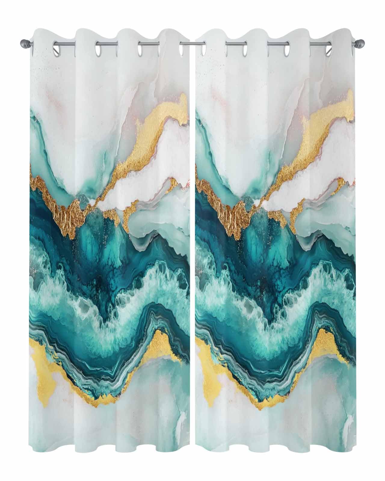 Waterproof Outdoor Curtains for Patio Porch, Ombre Turquoise Marble Texture Grommet Curtain Panel Windproof Outside Curtains Tieback, Abstract Watercolor Wavy Weighted Window Treatment Drapes
