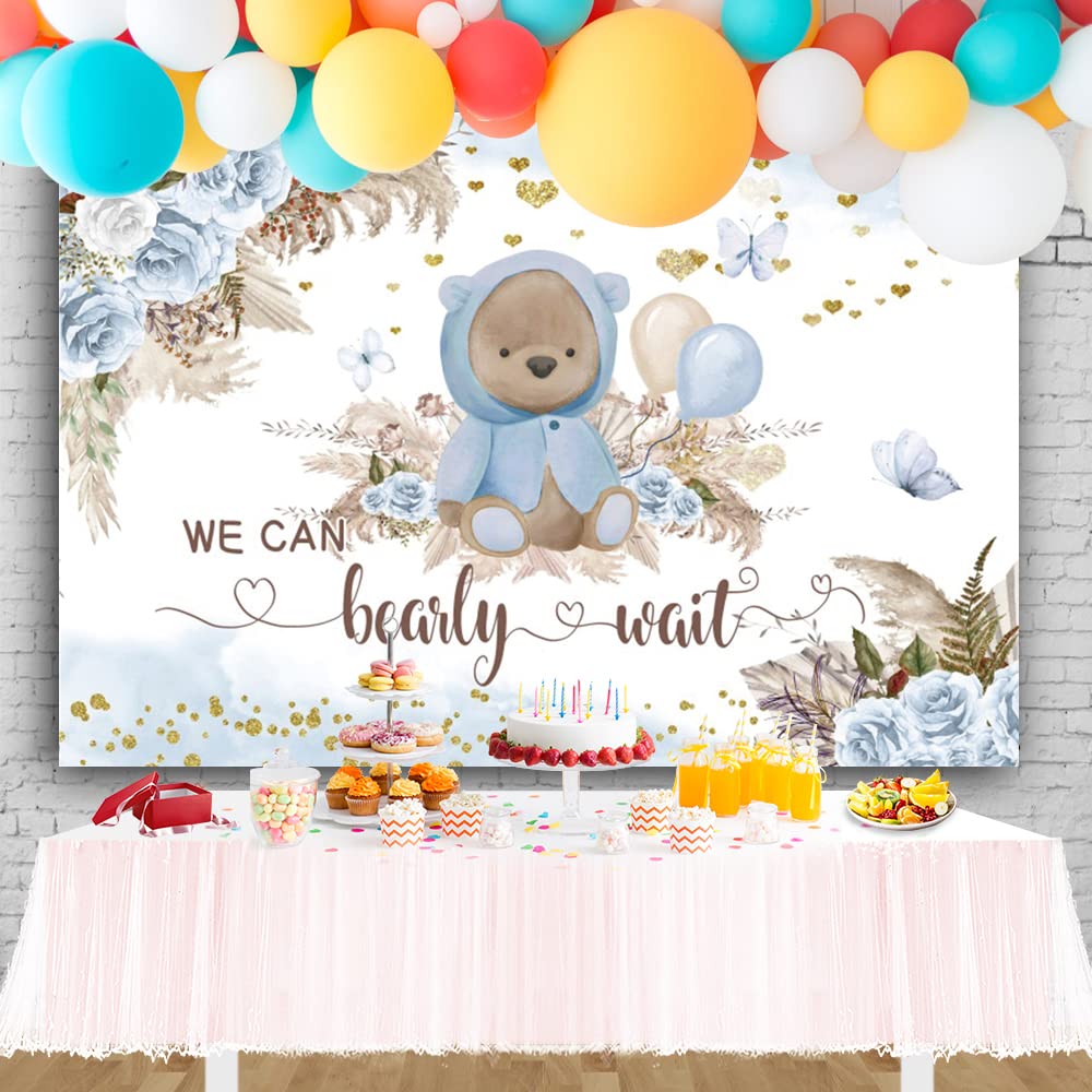 Avezano "We Can Bearly Wait" Baby Shower Backdrop – Blue Floral Bear Banner, 6x3.6 Ft