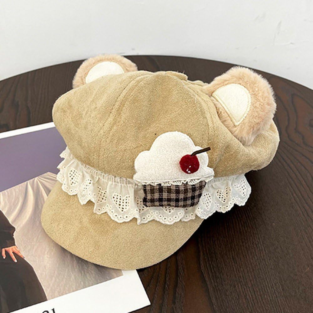 Béret Lolita Sweet pour Femme, Béret d'hiver en Dentelle, Bonnet À Oreilles d'ours Mignon, Chapeau De Peintre À Gâteaux en Dentelle, Accessoires pour Kawaii