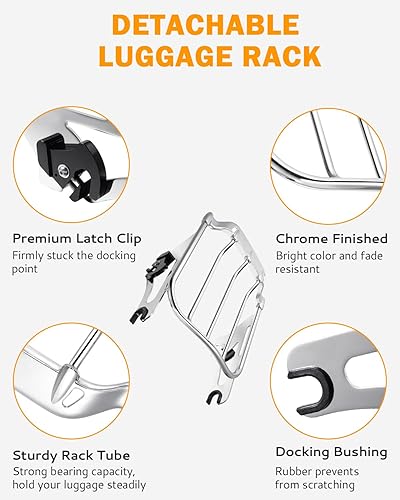 Miniatura 4 de PBYMT Portaequipajes desmontable con dos alas de aire, compatible con Harley Touring Street Glide Road King Electra Glide 2009-2023 (cromado)