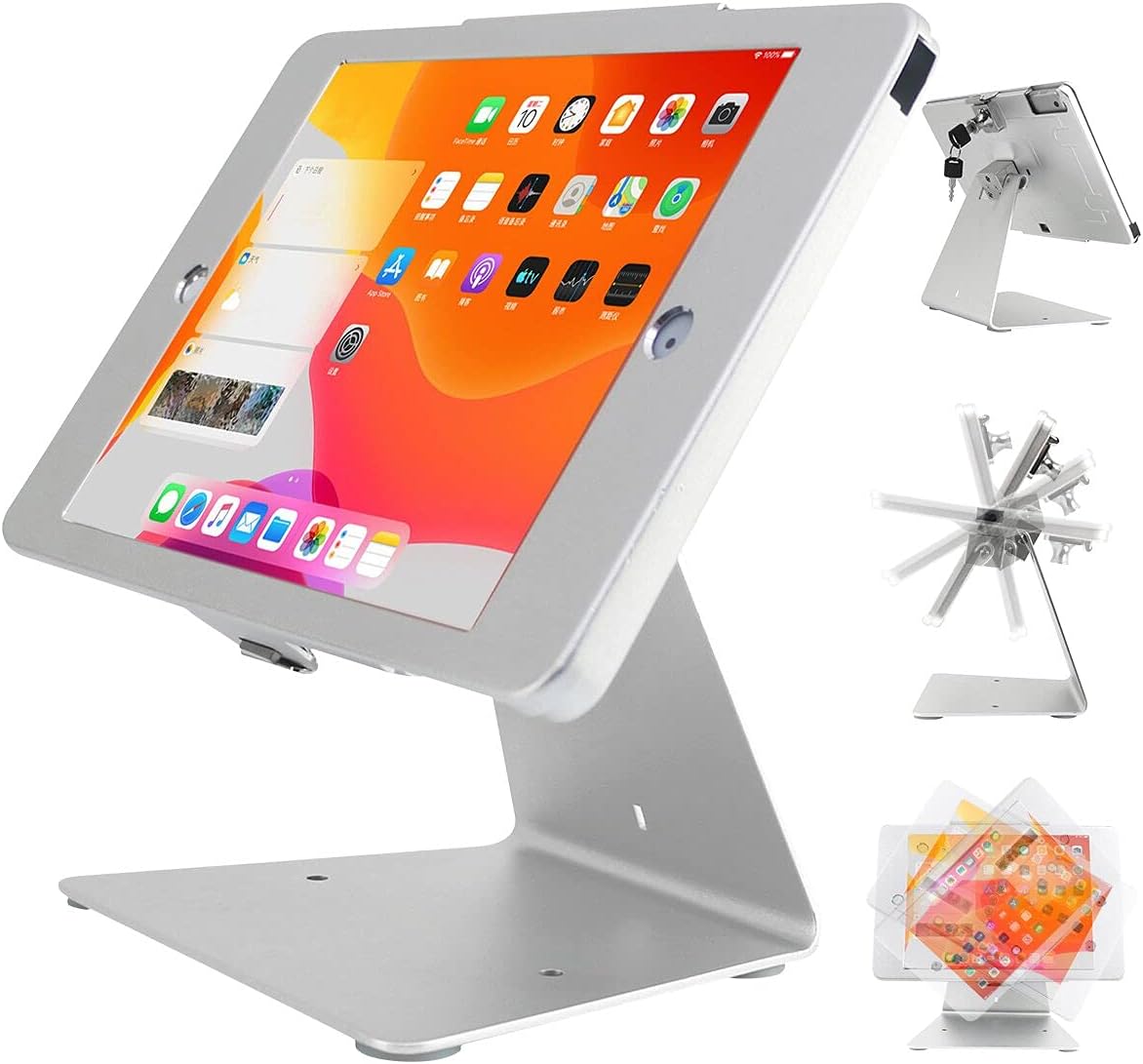 CarrieCathy Desktop Anti-Theft Security Kiosk POS Stand Holder Enclosure for Tablets, Compatible with 10.2" iPads (2021, 2020, 2019, 2018) 7th 8th 9th Gen, Flip & 360° Swivel Design, Silver