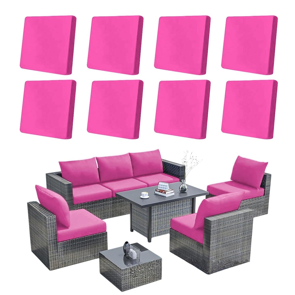 Hiseng 8/12/14 PCS Outdoor Cushion Covers Stretch Patio Cushion Covers Replacement Slipcovers Washable for Outdoor Sofa Cushions, Garden Furniture Set, Rattan Corner Sofa (Rose,8 PCS)