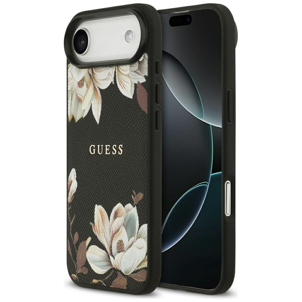 CG MOBILE Guess Grained Fleurs Classic Logo Compatible avec MagSafe Coque pour iPhone 17 Air (Noir)