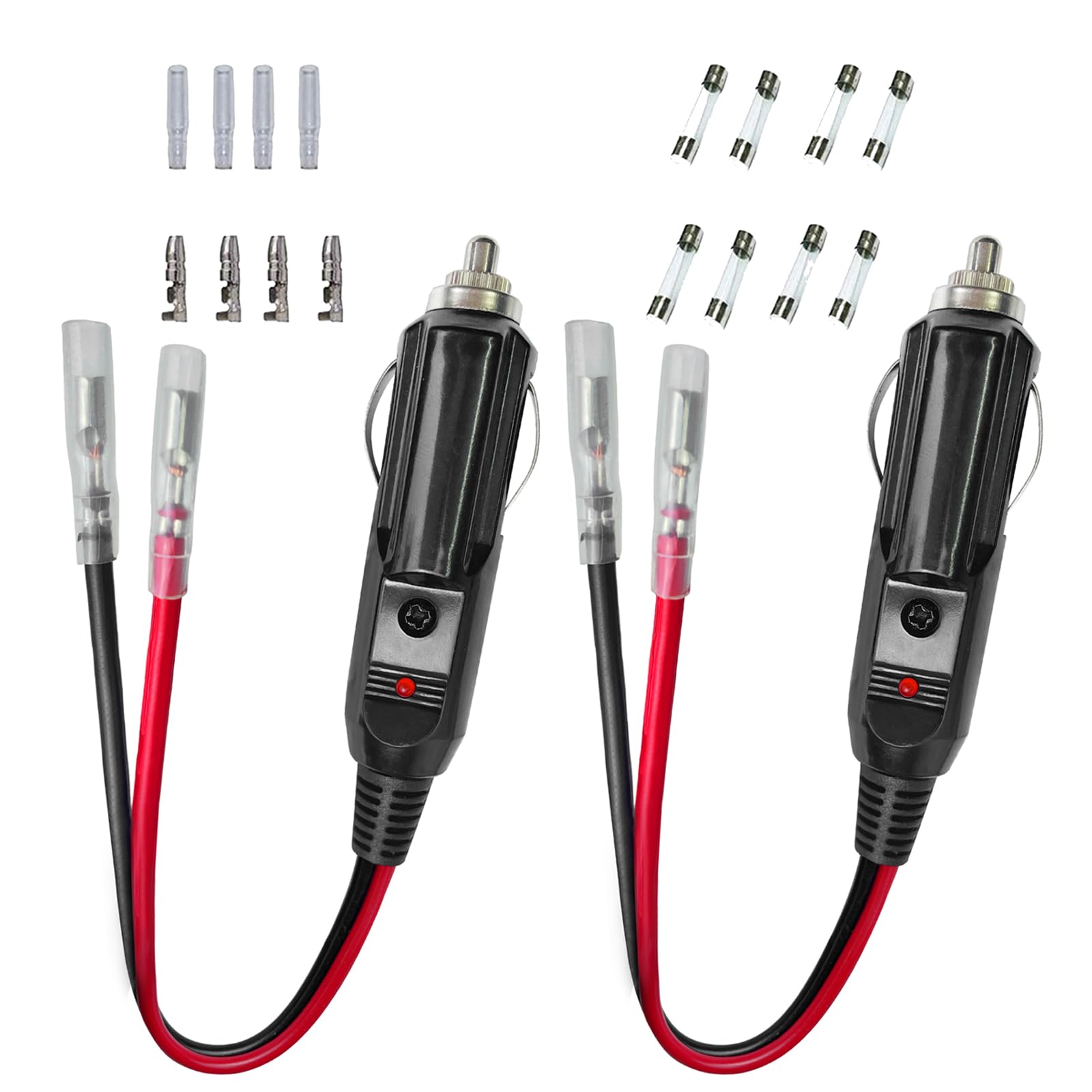 Car Replacement 12V 24V Cigarette Lighter Male Plug with Leads with LED Light Cigar Female Socket Plug Extension Cable for Motorcycle Car Tractor with spare fuse and terminal kit 2Pack