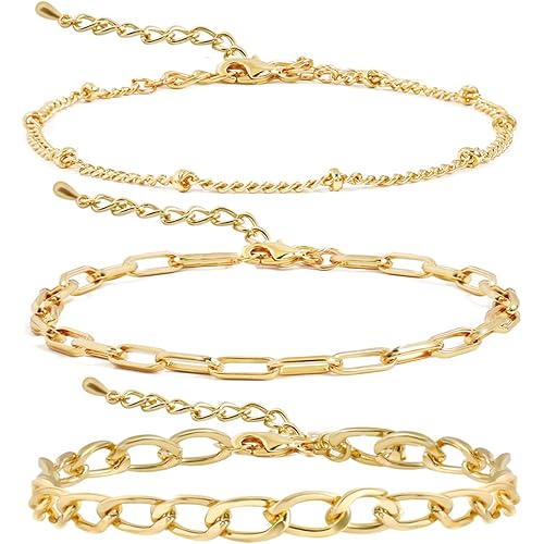 14K Gold Beaded Bracelets for Women,Dainty Gold Plated Chain Link Bracelet Stretchable Adjustable Bracelet……