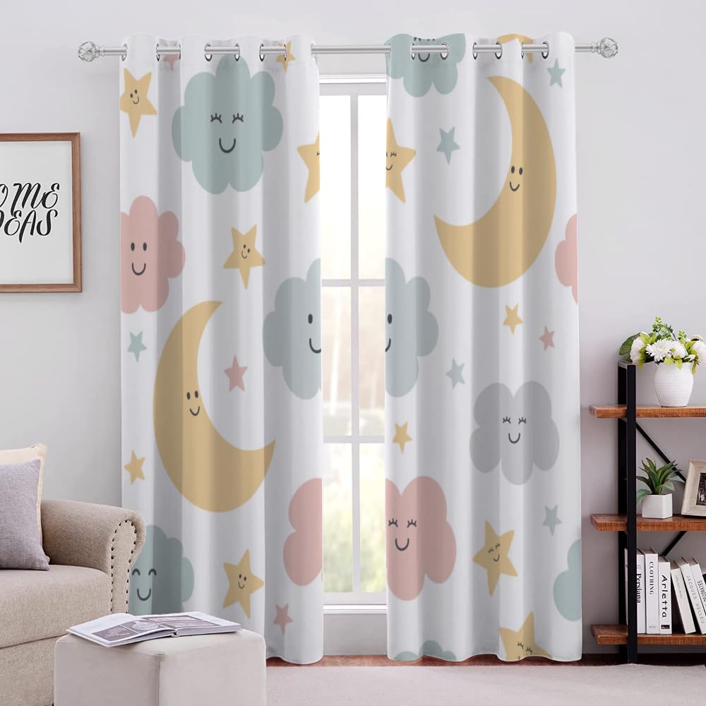 3D étoiles Lune Rideau Occultant Jolis Nuages Isolant Thermique Rideaux Chambre Rideaux À Oeillets Anti Bruit 140x240cm 2 Panneaux pour Fille Garcon d'enfant