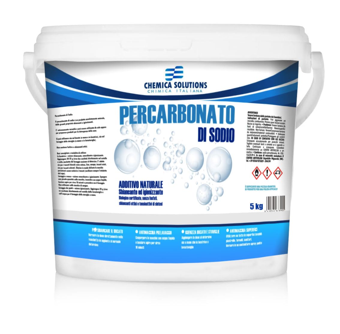 Percarbonato de sodio, 5 kg (900 lavados), aditivo quitamanchas y blanqueador de oxígeno activo para la colada, potencia el detergente, ecológico sin cloro, desinfectante natural | Chemica Solutions