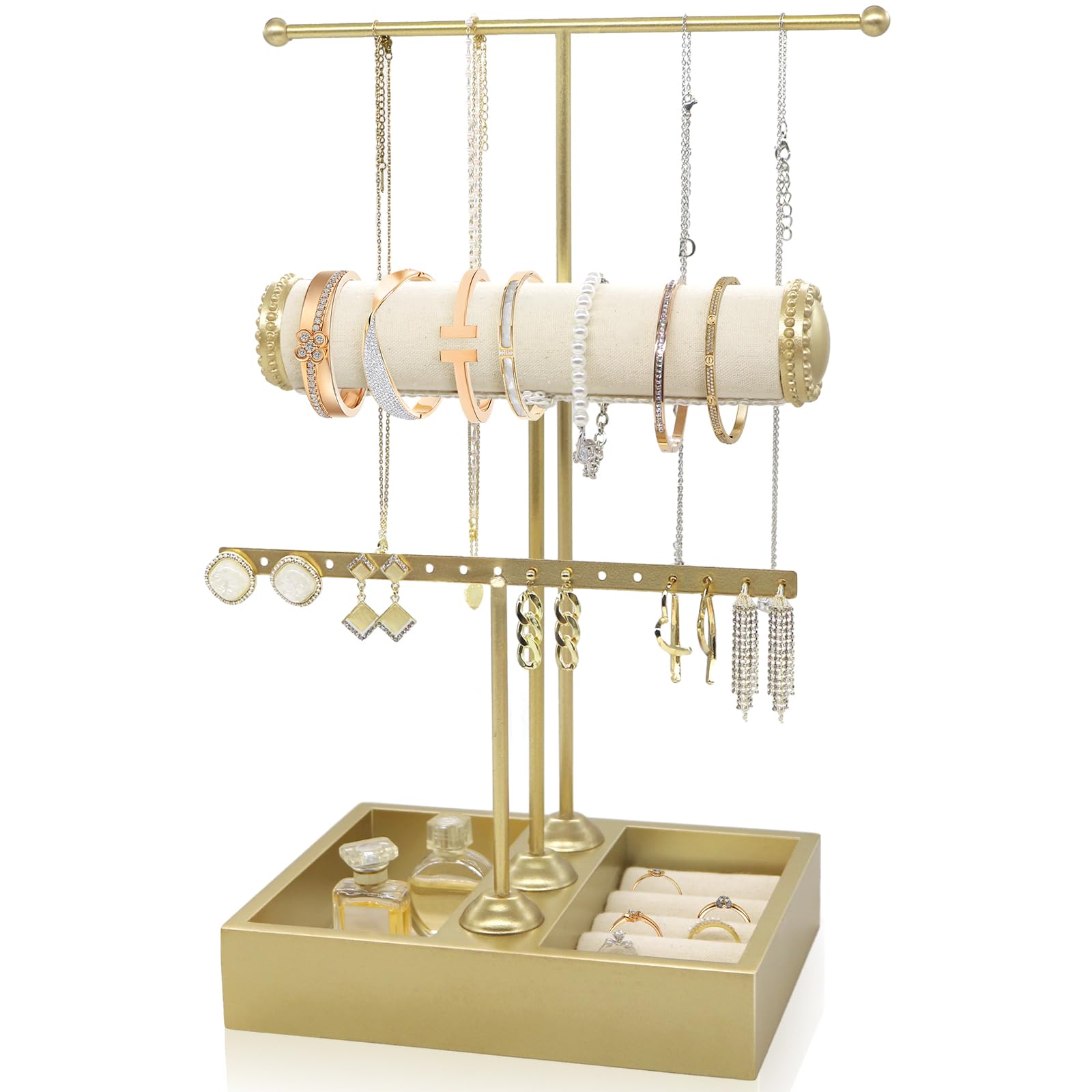 TOOKNIN Jewelry Organizer Stand Necklace Holder,3-Tier Earring Holder Organizer Display Gold Jewelry Towers Organizer Holder for Earrings Necklaces Bracelets Watches and Rings,Gold
