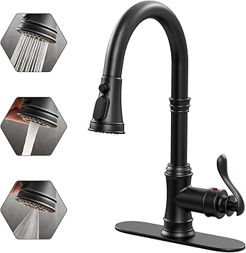 Matte Black Kitchen Sink Faucet with Pull Down Sprayer 3 Outlet Mode Farmhouse Single Hole Single Deck Mount Handle Commercial Matt with 10-Inch Deck Plate 180 Swivel Spout Vintage Rustic