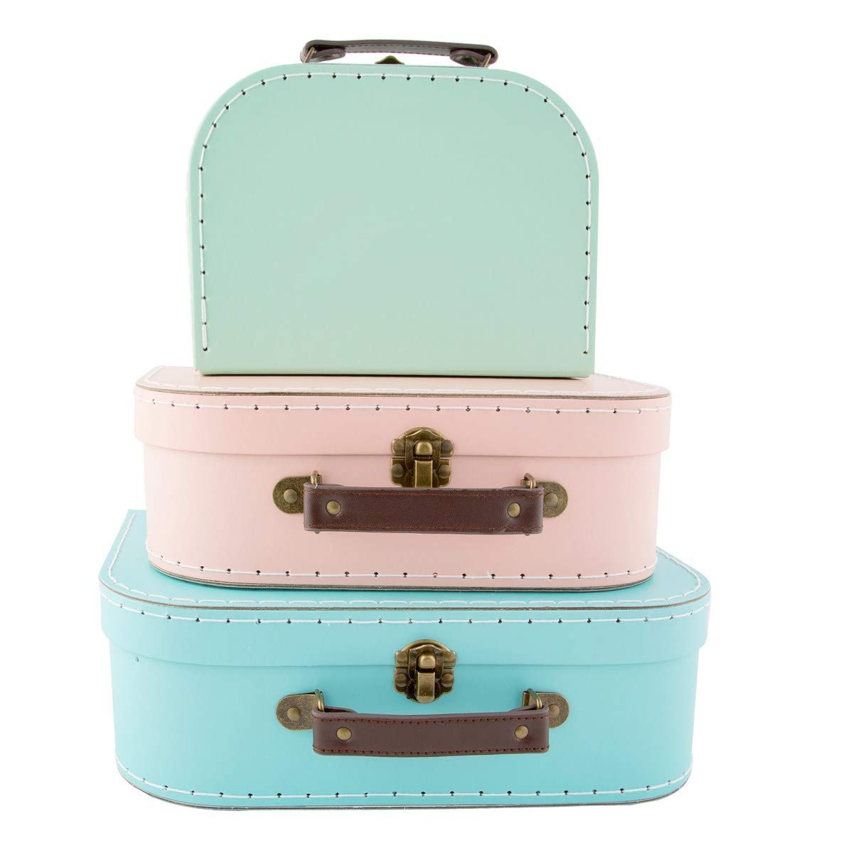 Sass & Belle Set de 3 boîtes en forme de valise vintage dans des couleurs pastel vert rose et bleu dans 3 tailles différentes