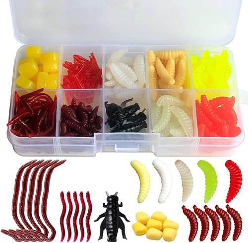 Juego de 175 cebos de gusano de silicona, cebo de pesca ligero portátil con caja de almacenamiento para gato, lubina, lucio, trucha, juego de 175