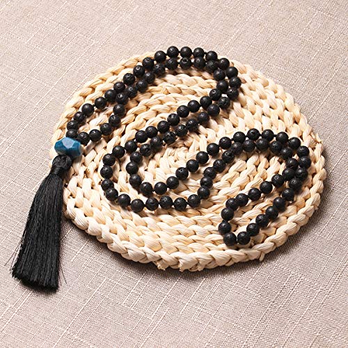 PNEIME 108 Mala Beads Necklace - 8mm Tibetan Prayer Beads -Yoga Meditation Beads Necklace - Hand Knotted Japa Mala (Lava + blue ore) - Thumbnail 3