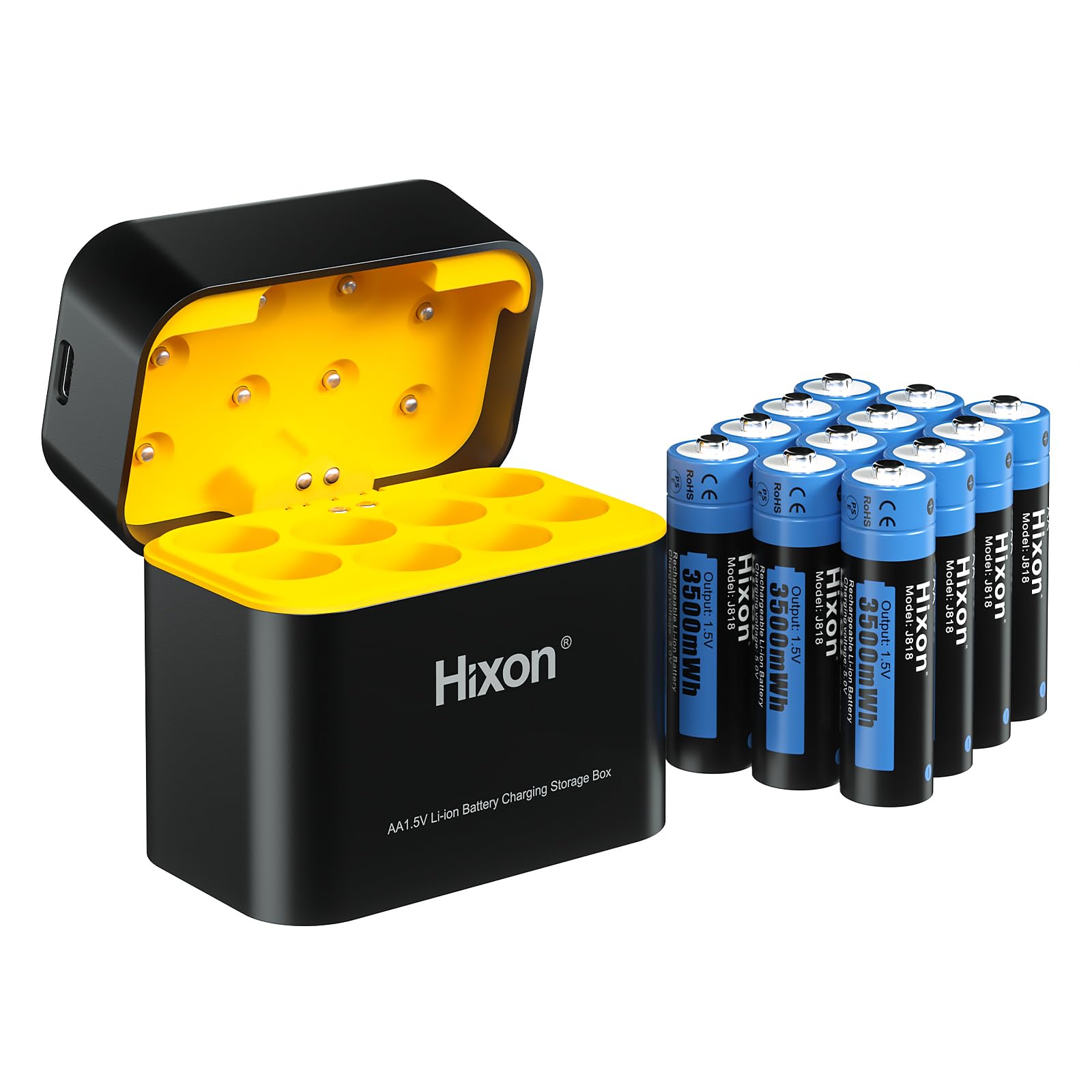 Hixon Wiederaufladbare Lithium Akku AA, 12 Stücken 1.5V Li-Ion AA Akku mit Ladegerät, über 1600 Zyklen und 3500mWh Hohe Reale Kapazität Wiederaufladbare Lithium AA Akku