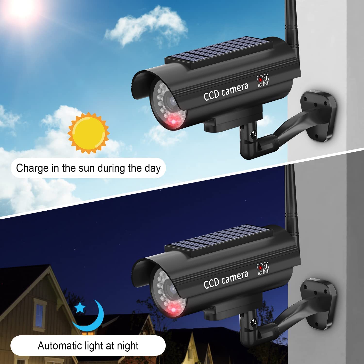 4PCS Schwarz Alarmanlage Haus Attrappe Dummy Solarbetriebene Kamera Überwachung Aussen Fake Kamera Attrappe Außenbereich mit Realistischem Rotem Blinklichtsensor und Warnaufkleber