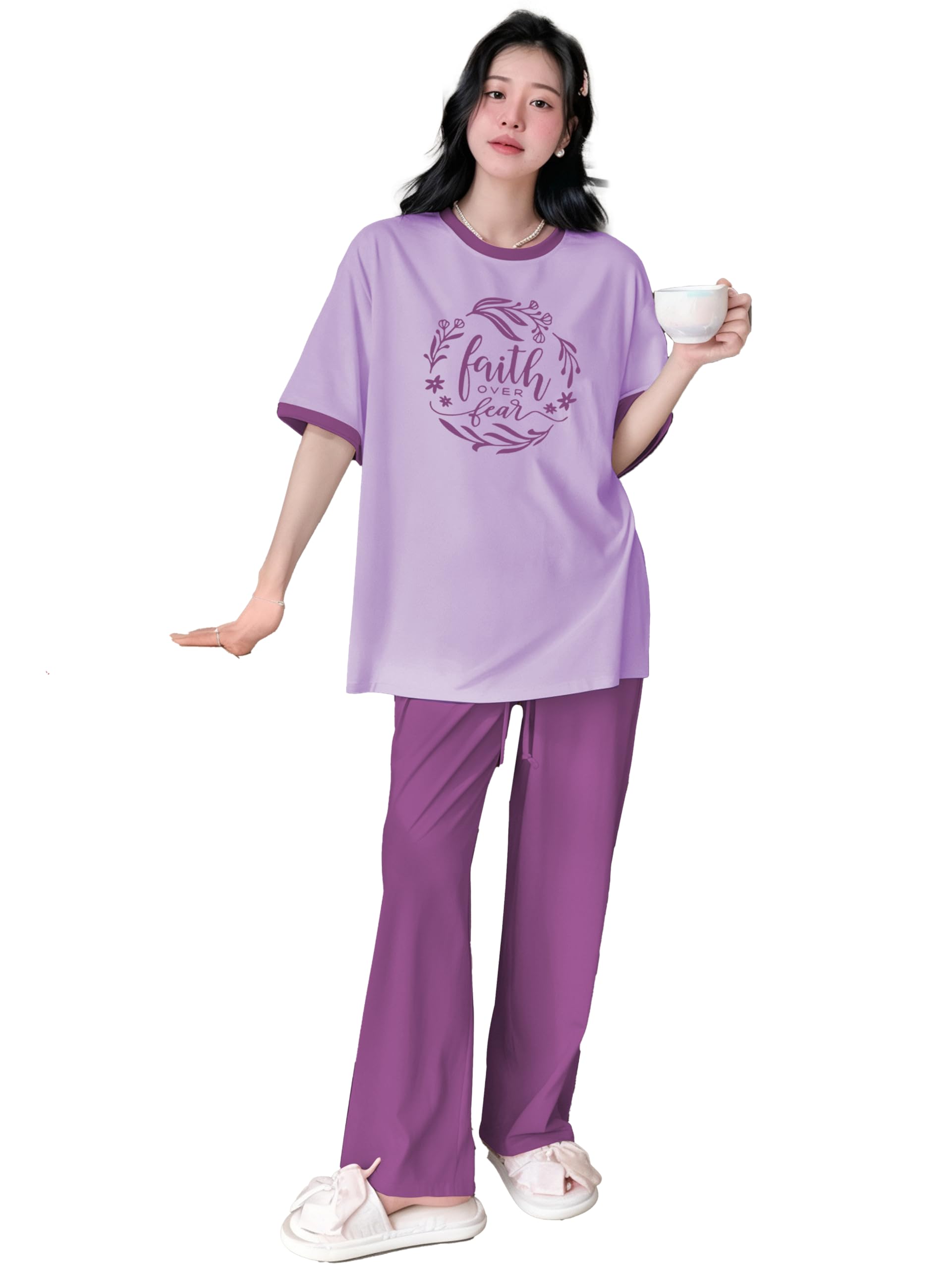 Women's Cotton Blend T-Shirt & Pyjama Ethnic Co Ord Set, Printed Night Suit, Western Dress, Sleepwear with Relaxed Fit and Stylish Design