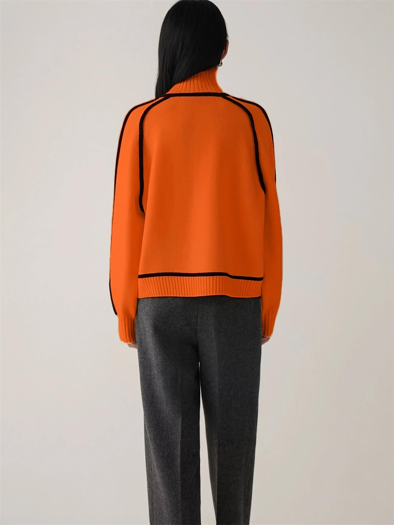 Maglione da donna a collo alto, a maniche lunghe, lavorato a maglia con bordo a contrasto, alla moda, per autunno e inverno, basic