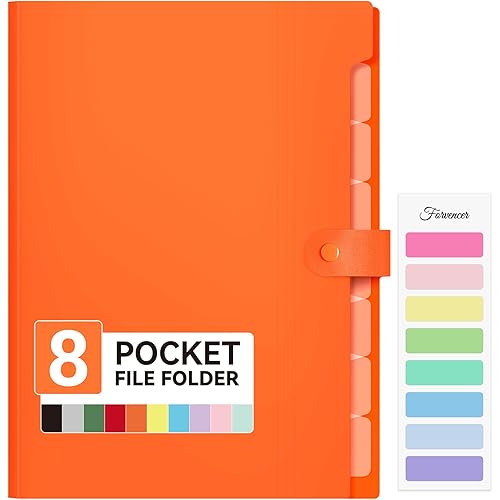 Forvencer Expanding File Folder with 8 Pocket, Letter Size Accordion File Organizer, Portable Folders for Documents, Cute Paper Organizer, Filling Products for School Office Supplies, A4 Size, Orange