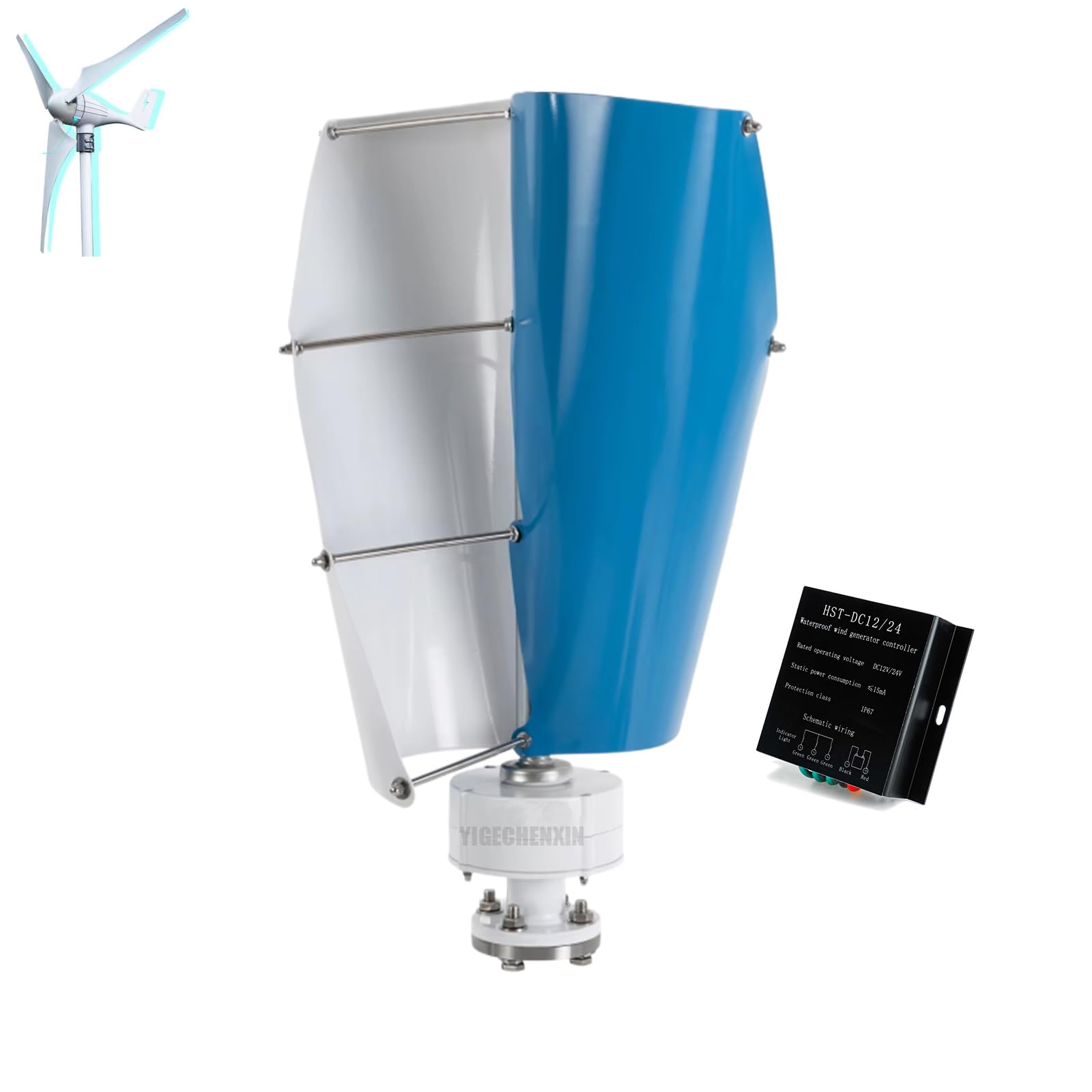 Zestaw generatora turbiny wiatrowej o niskim poziomie hałasu 5000w 12v-220v, 2 ostrza 3-fazowy generator magnetu stałego AC z kontrolerem dla domu, biznesu (biały/niebieski)