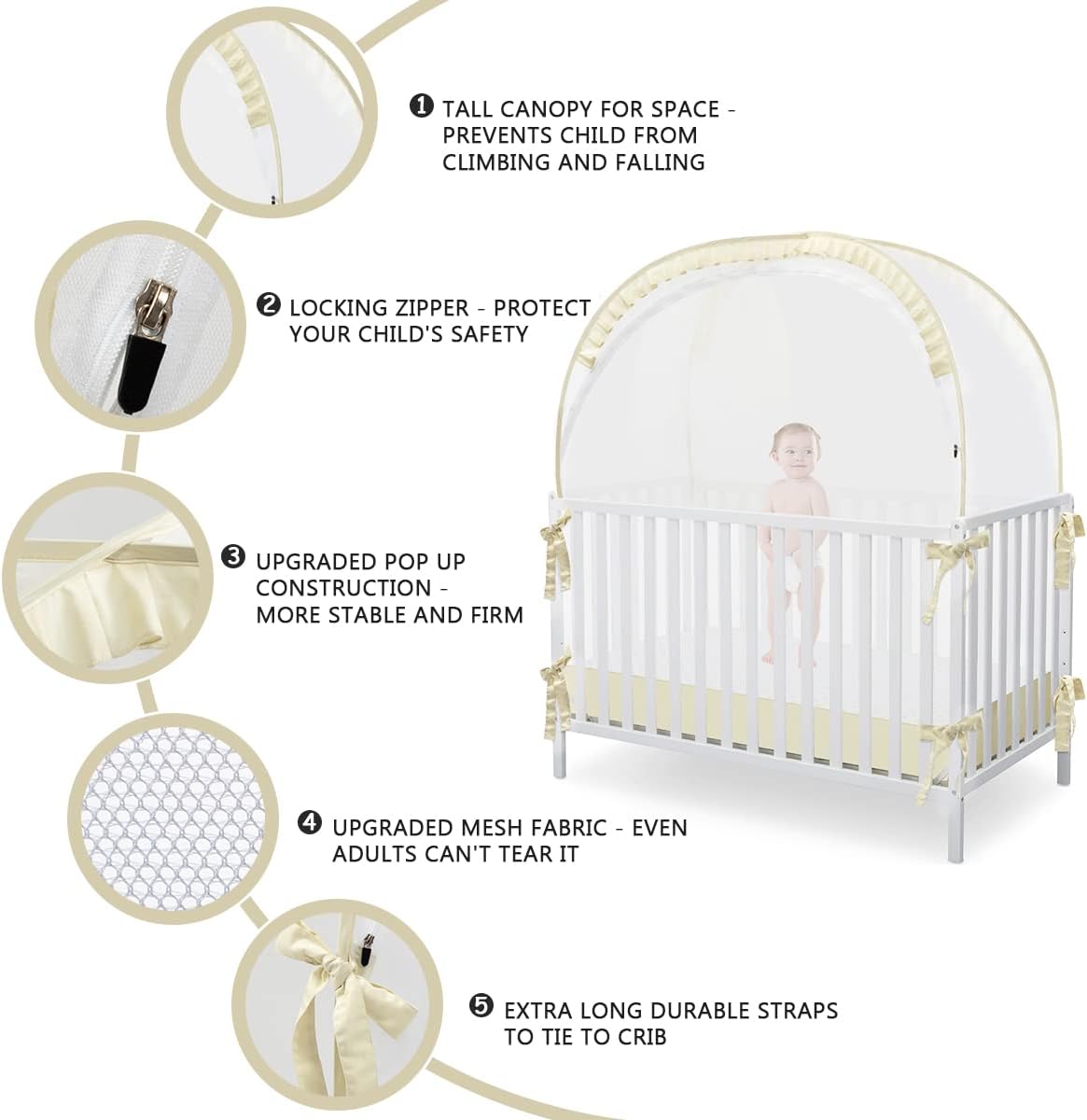 L RUNNZER Baby Safety Crib Tent, Pop Up Canopy for Crib to Stop Baby from Climbing Out, Infant Mesh Cover Mosquito Net with Sturdy Frame & Soft Mesh, Beige, (R07-beige)