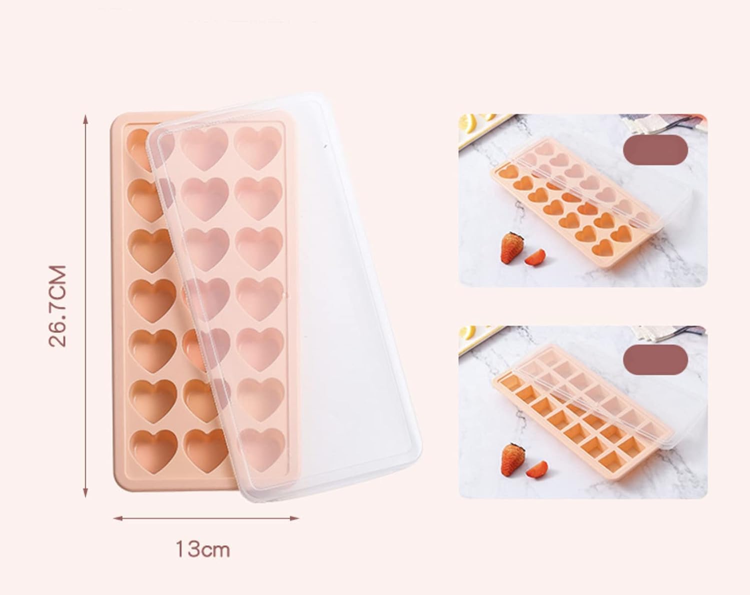 PEPAXON Heart Ice Cube Trays with Lid Ice Cube Trays for Freezer Reusable Ice Cube Mould Silicone Flexible Ice Cube Moulds 21 Grids Pack of 2 (Pink+Blue) - Image 2