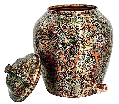 Image of Indian Art Villa Printed Design Copper Water Dispenser Pot Matka, Stoarage, Home Garden, 10 LTR, Orange