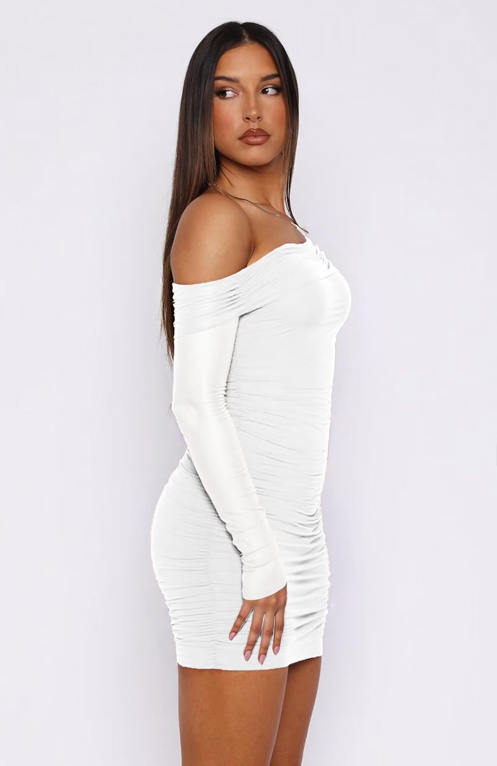 kaimimei Women Sexy Off Shoulder Mesh Bodycon Mini Dress Long Sleeve Sheer Ruched Party Cocktai Dresses - Image 2