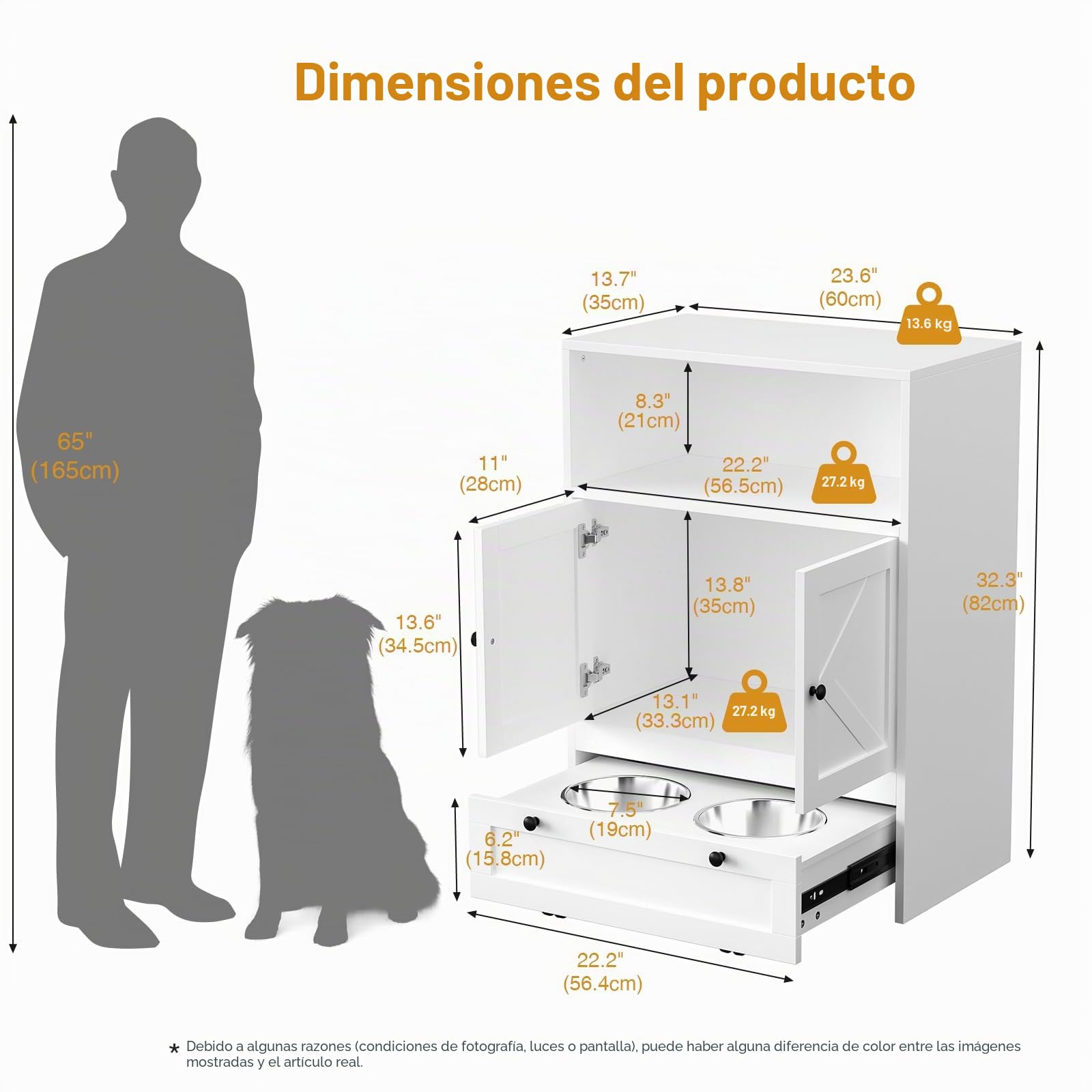 Comedero para Perros con 2 Cuencos de Acero Inoxidable de 60 x 35 x 82 cm, Armario para Mascotas con Armario de Almacenamiento, Armario para Alimentos para Animales, Armario de Almacenamiento y