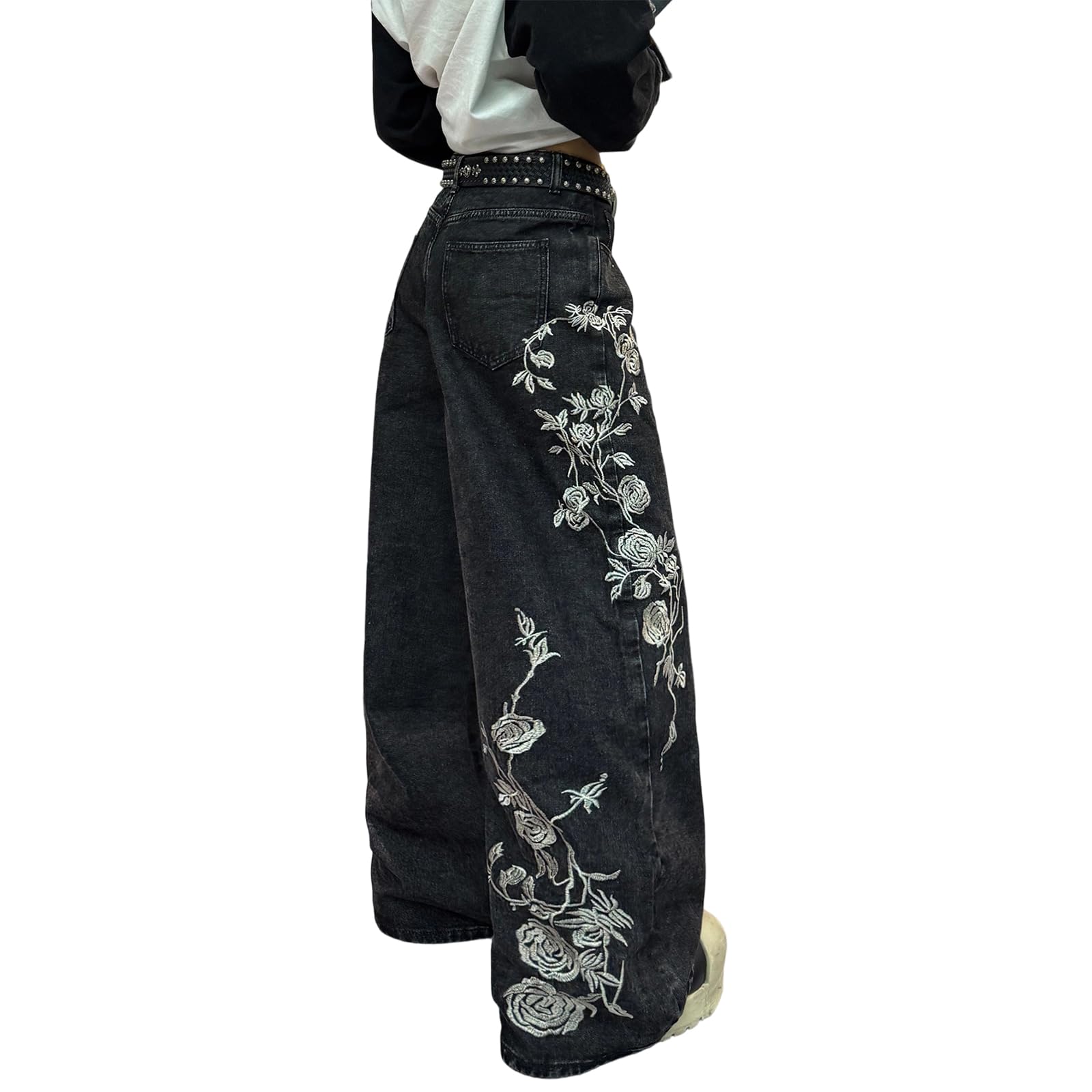 Womens Wide Leg Floral Embroidery Y2K Baggy Jeans Global Recycled Standard Global Recycled Standard Global Recycled Standard