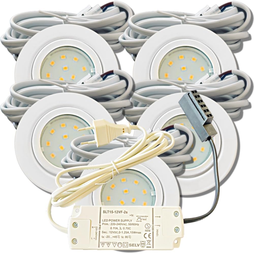 5er Set IP44 LED Möbel-Einbauleuchten 12V flach 2,4W, 200lm, Weiß, inkl. Trafo, 230V Kabel, Netzstecker, AMP Verteiler, Bohrloch 54-60mm, Neutralweiß 4000K – Ideal für Bad, Küche, Wohnzimmer, Schränke