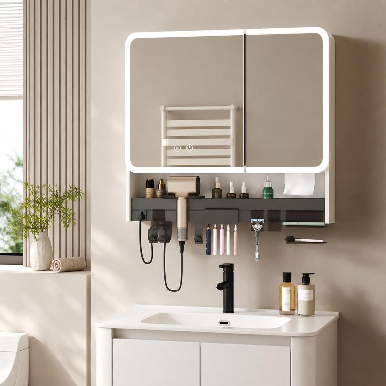 Armario con Espejo Inteligente para baño con Enchufe Integrado para secador de Pelo, Estante de Almacenamiento, Forma Redondeada, multifunción para Maquillaje
