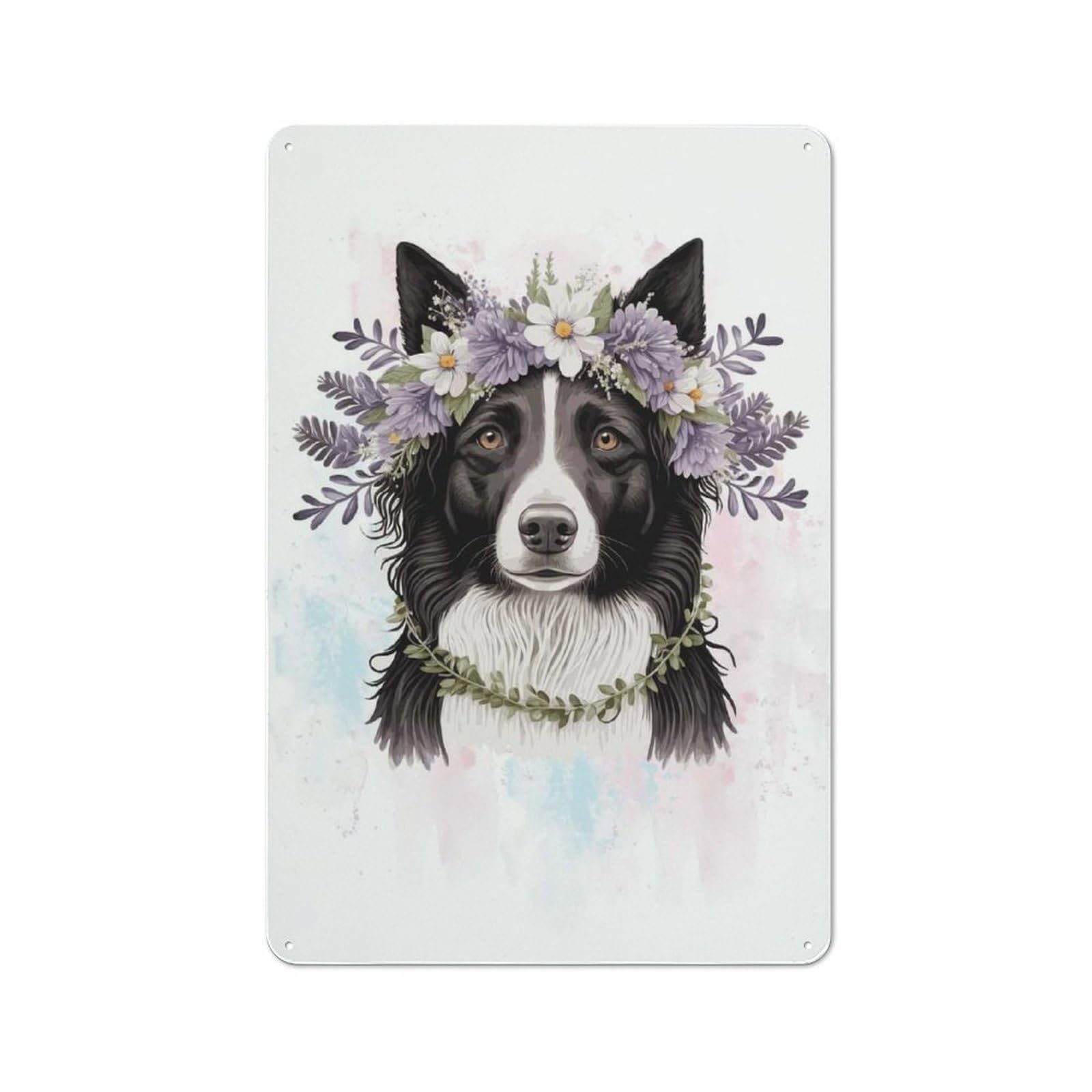 30x20cm Retro Tin Sign with Floral Border Collie Dog for Living Room Or Hallway, A Decorative Metal Sign for Living Rooms And Hallways