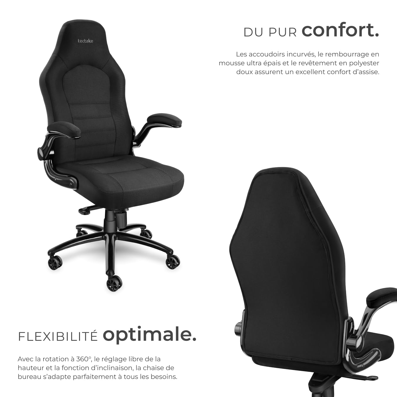 tectake® Chaise de Bureau Chaise Gaming Fauteuil de Bureau Fauteuil pivotant Design 360°, Siege Ergonomique, Fauteuil avec Accoudoirs Rabattables, Appui-tête rembourré, Roulette Teletravail - Noir