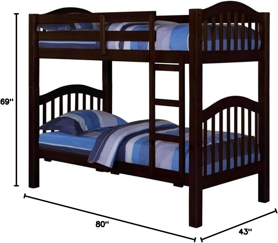 BOWERY HILL Twin Over Twin Bunk Bed, Espresso Finish, Pine Wood and MDF, 69 in H x 80 in W x 43 in D, Contemporary Design with Guardrails and Ladder, Convertible to Separate Beds, Kids Bedroom