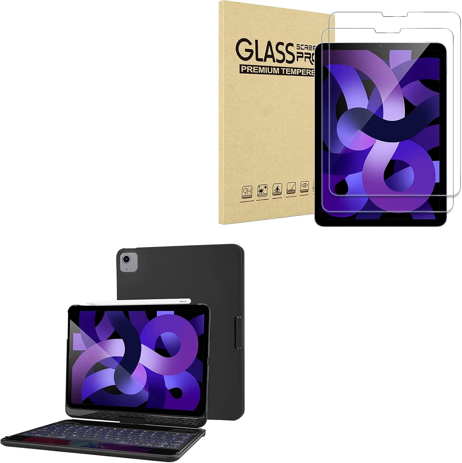 ProCase 2 Pack iPad Air 5 2022 / Air 4 2020 Screen Protector Bundle with iPad Air 5th Gen 2022 / iPad Air 4th 2020 Keyboard Case