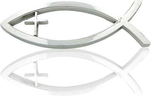 Needzo Ichthus metálico con calcomanía de cruz para automóvil, accesorio de calcomanía de pez Jesús, emblema religioso para automóvil, 5 pulgadas