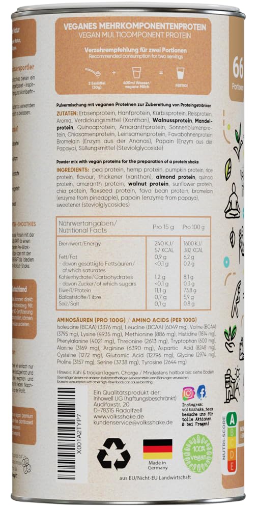Proteína vegana de nogal tostado, 1000 g, 12 fuentes de proteínas vegetales, sin soja ni gluten, calidad premium del lago de Constanza, fabricado en Alemania