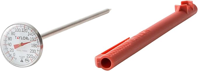 Taylor Instant Read Analog Meat Food Grill BBQ Cooking Kitchen Thermometer with Red Pocket Sleeve for Calibration, 1 inch dial, Stainless Steel