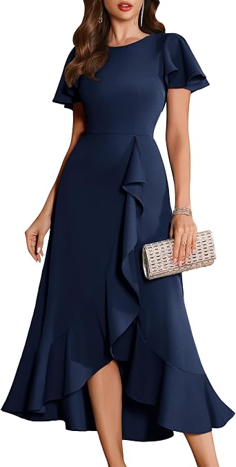 BeryLove Women Formal Party Dress Flutter Short Sleeve Wedding Cocktail Long Evening Dress
