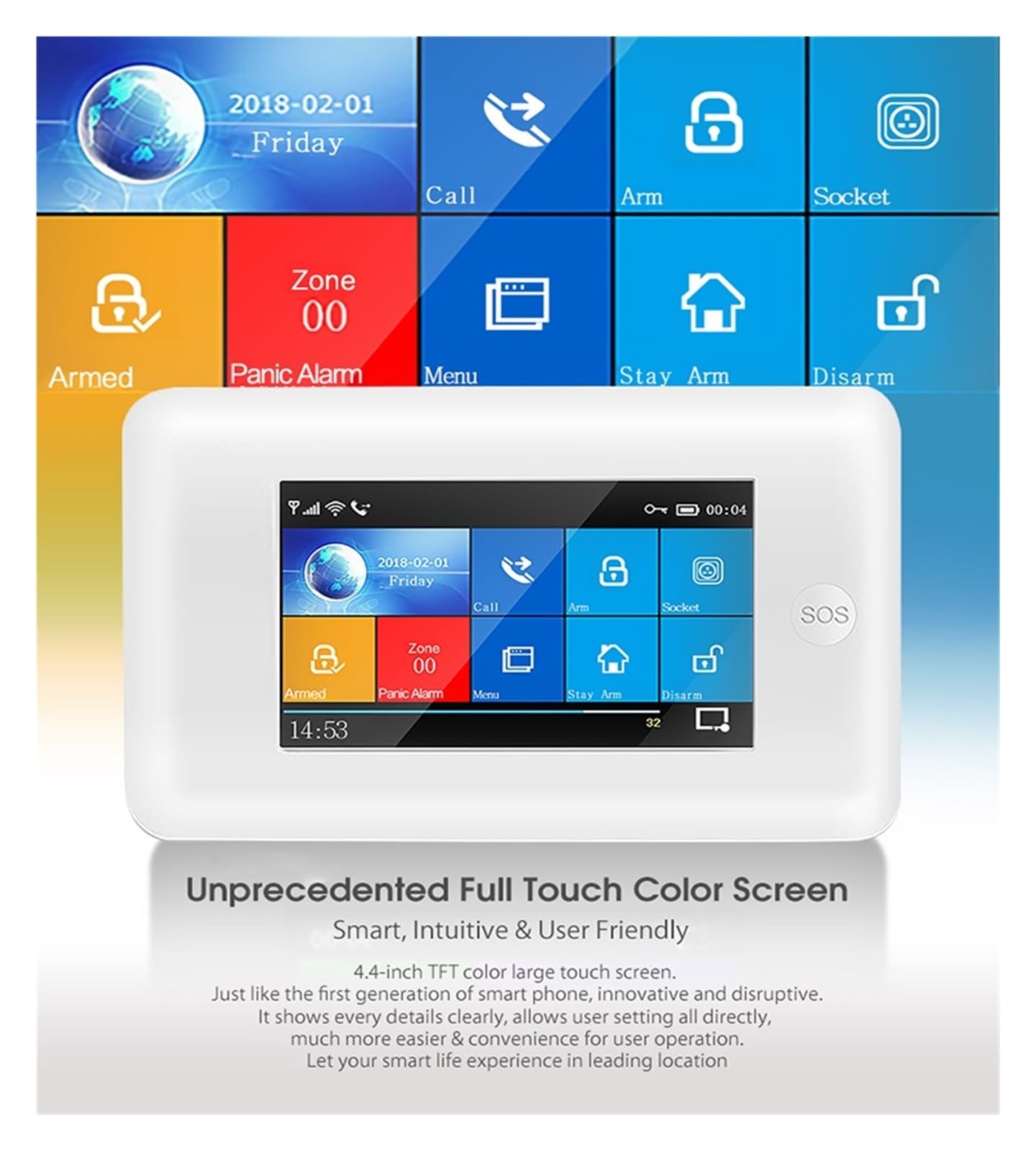 Sistema di Allarme di Sicurezza Domestica, Smart Alarm 4.3 Pollici Full Touch Screen Wireless 433 MHz gsm di Allarme Antifurto Domestico con Rilevatore Fumo Kit Pulsanti SOS