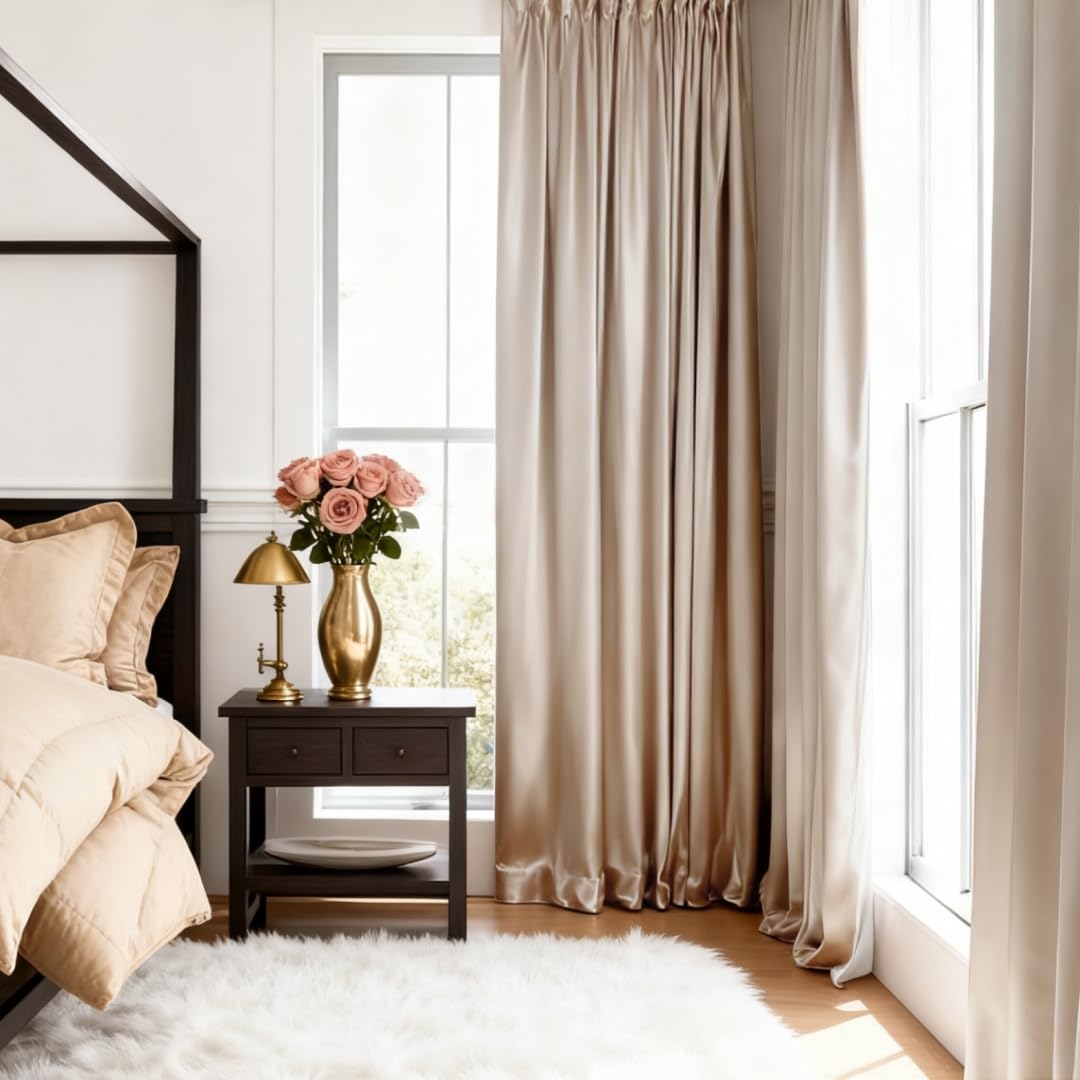 ベージュ クリーム ゴールド サテンカーテン 幅広 125x200cm 2枚 ベージュ クリーム ゴールド サテンカーテン 幅広 125x200cm 2枚