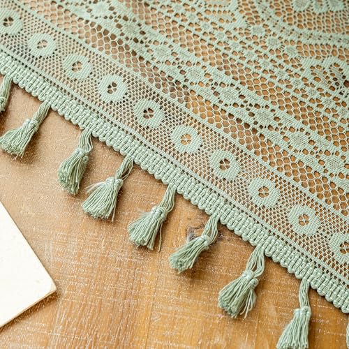 Image of MYSKY HOME Boho Lace Sage Green Sheer Curtains 2 Panels Set 84 inch Long Vintage Floral Crochet Pattern Privacy Rod Pocket Tassels Small Windows Spring Curtains for Living Room Bedroom, 55 inch W
