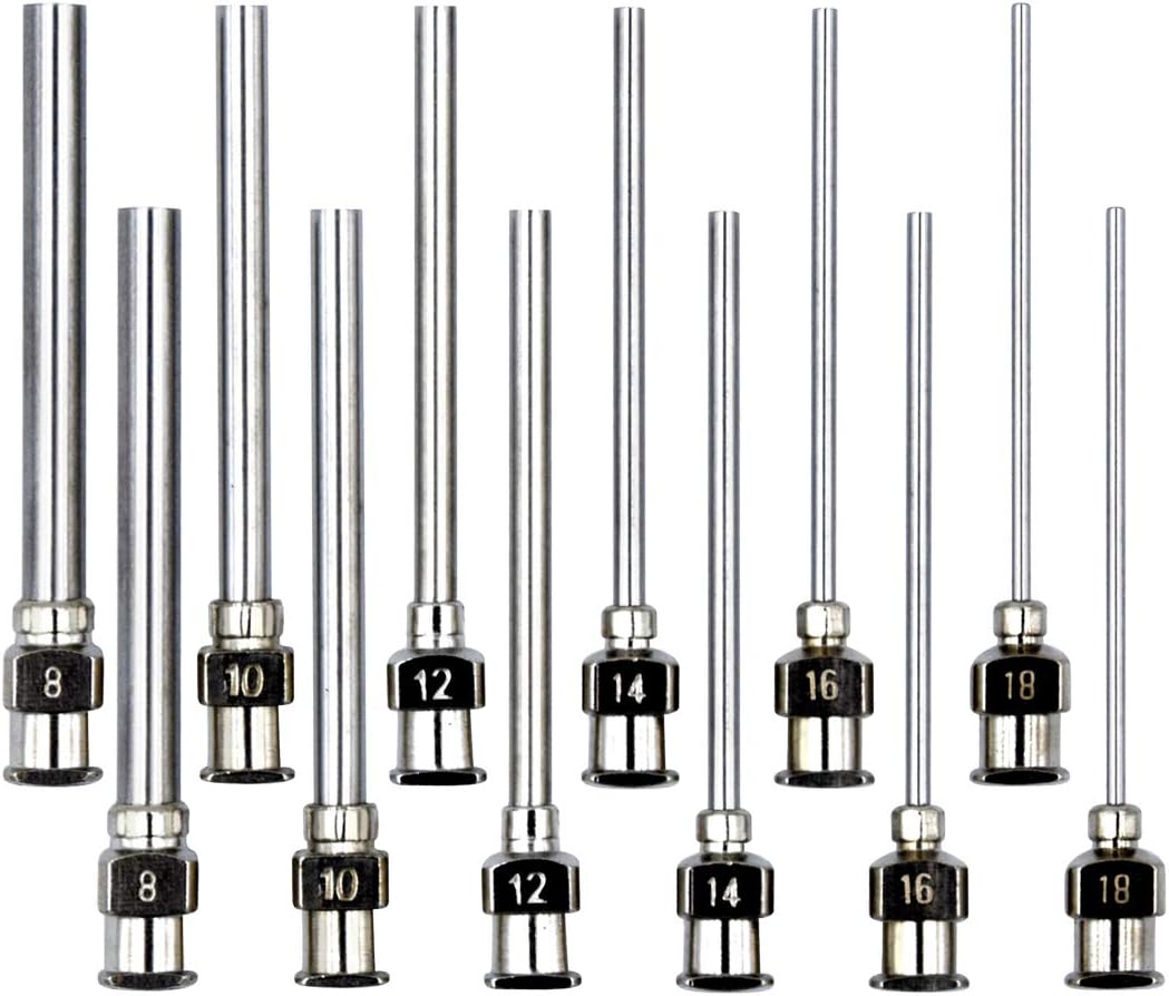 12 Pack Dispensing Needle Set, 1.97inch Stainless Steel Blunt Tip Luer Lock 8, 10, 12, 14, 16, 18 Gauge.