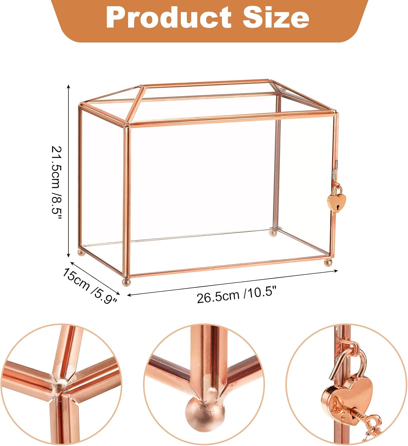 uxcell Glass Card Box Wedding Card Box with Lock for Wedding Reception, 10.5x5.9x8.5 Inches Envelope Card Holder for Reception, Graduation, Gift Cards, Rose Gold