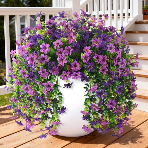 ZFProcess Artificial Hanging Flowers for Outdoors, 2 Pcs Fake Hanging Plant Spring Summer Decoration, UV Resistant No Fade Faux Flower for Porch Patio Yard Window Home Decor(Double Purple)