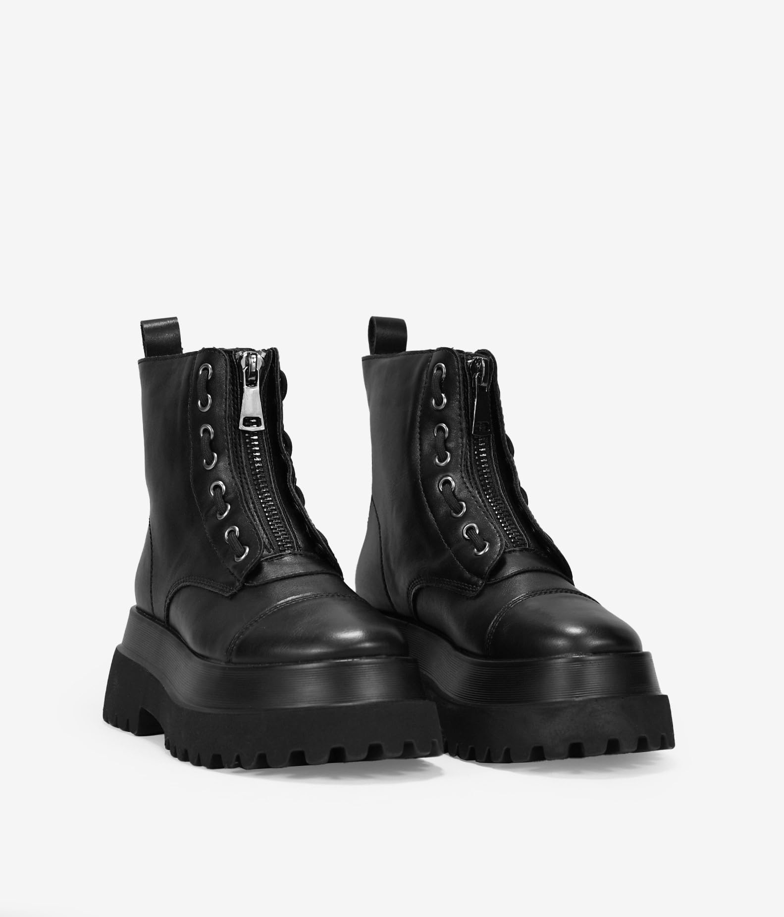 BOSANOVA Bottes militaires noires avec fermeture éclair centrale, détail de lacets et semelle plate-forme track.