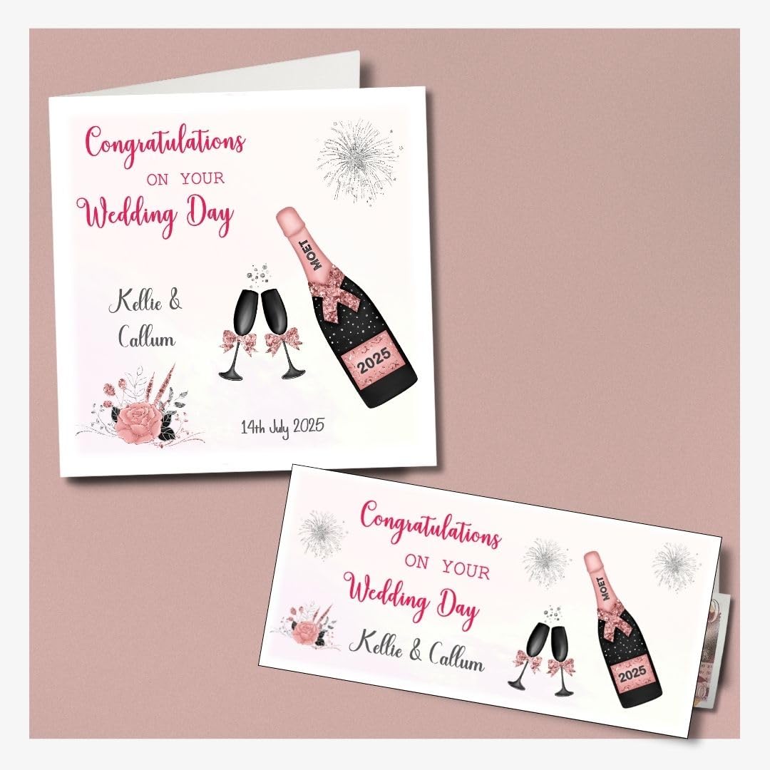 Personalised Wedding Day Card Congratulations On Your Wedding Day Card Mr & Mrs Bride and Groom Rose Pink (Large Card & Money Wallet)