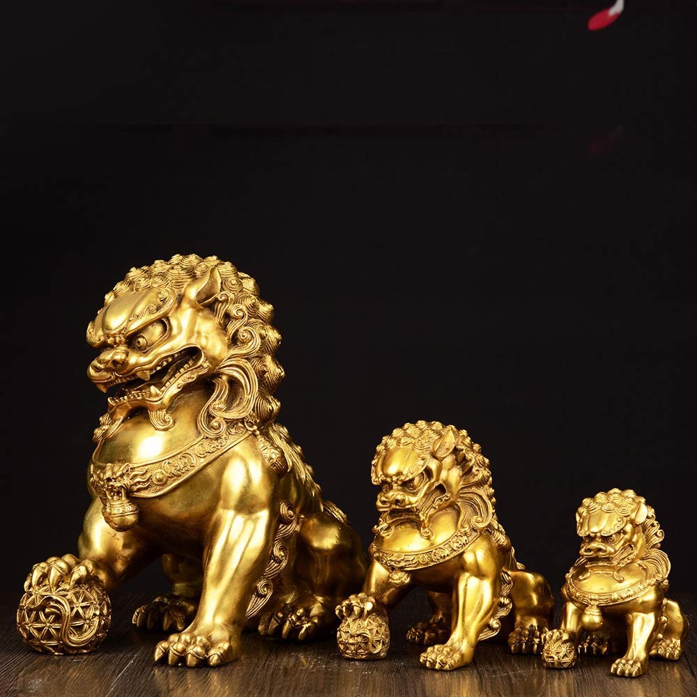 Beijing Lions Pair Fu Foo Dogs Statues (A Pair), Pure Laiton Chinois Feng Shui Decor Prosperity Accessories Figurine, Home and Office Wealth Good Luck Sculpture, Small