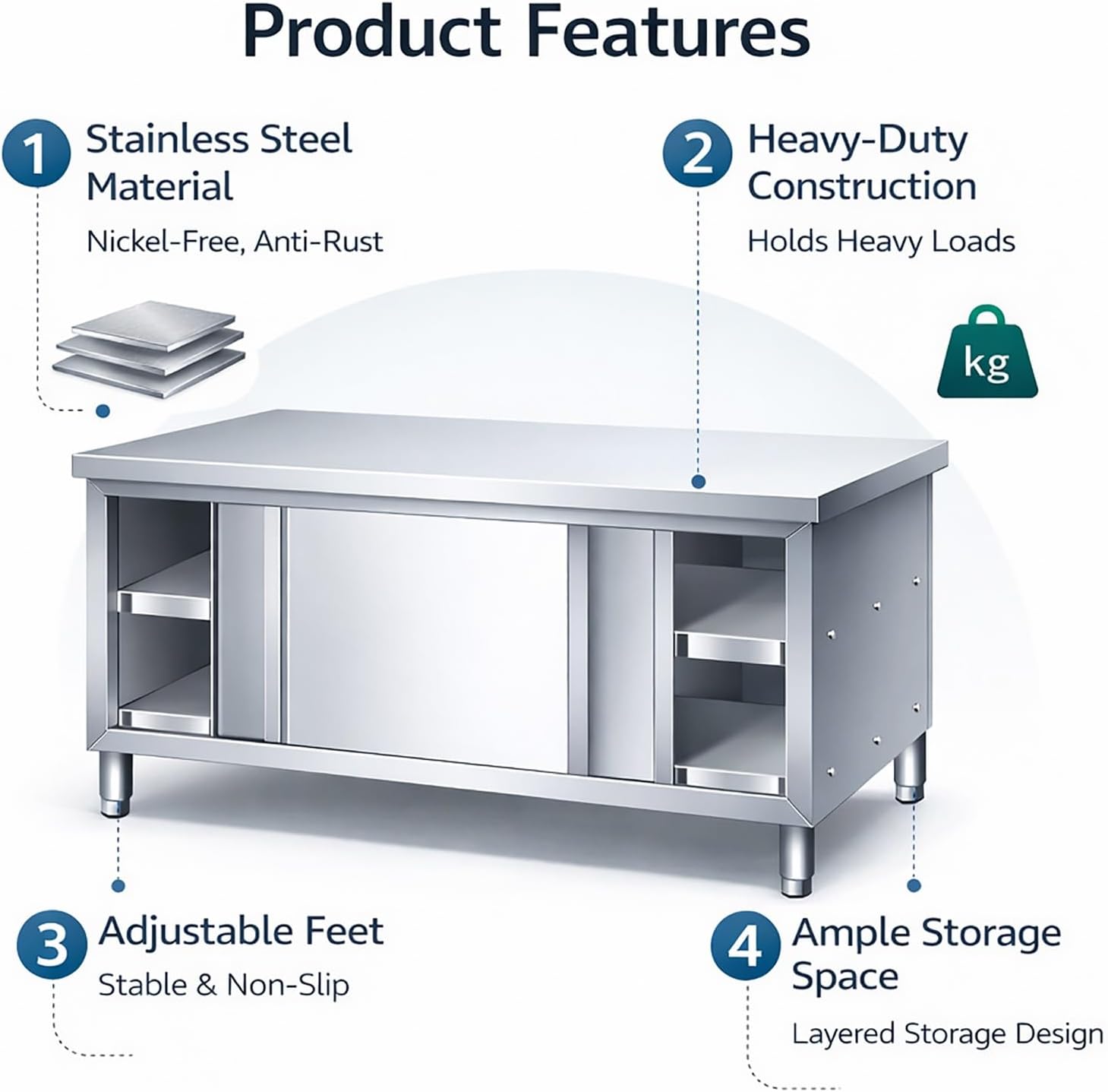 Outdoor Kitchen Island, Stainless Steel Cabinet, Commercial Kitchen Prep Table with Sliding Doors, Kitchen Work Table for Home Restaurant Hotel and Garage(100x60x80cm/39.3x23.6x31.4in)